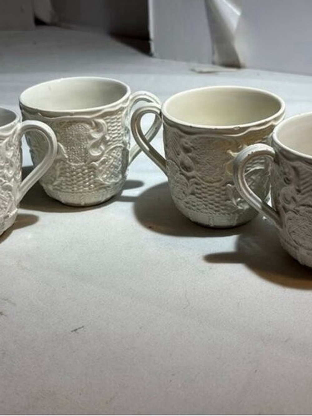 White Embossed Ceramic Coffee Mug - Set of 4